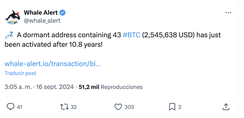 La ballena de Bitcoin (BTC) mostró actividad tras 11 años, según Whale Alert.